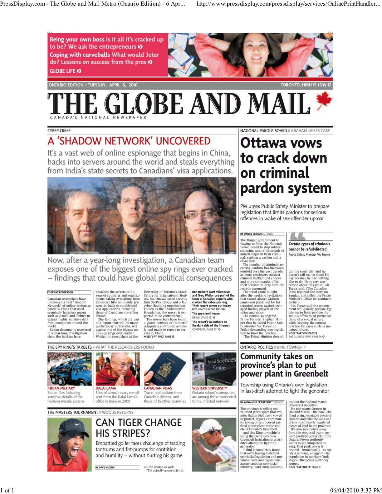 Page of the Globe and Mail - Curve Communications
